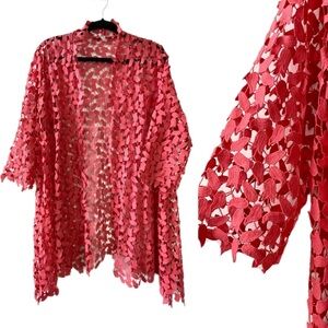 Gorgeous Erin London Pink Floral Leaf Tulip Lace Cutout Kimono Open Cardigan, L